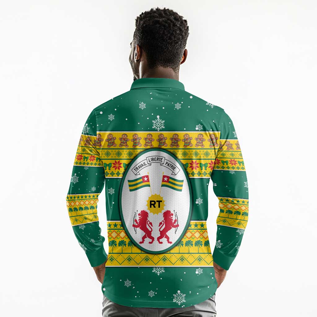 Togo Christmas Long Sleeve Polo Shirt African Santa Lion Drummer Gingerbread - African Pride