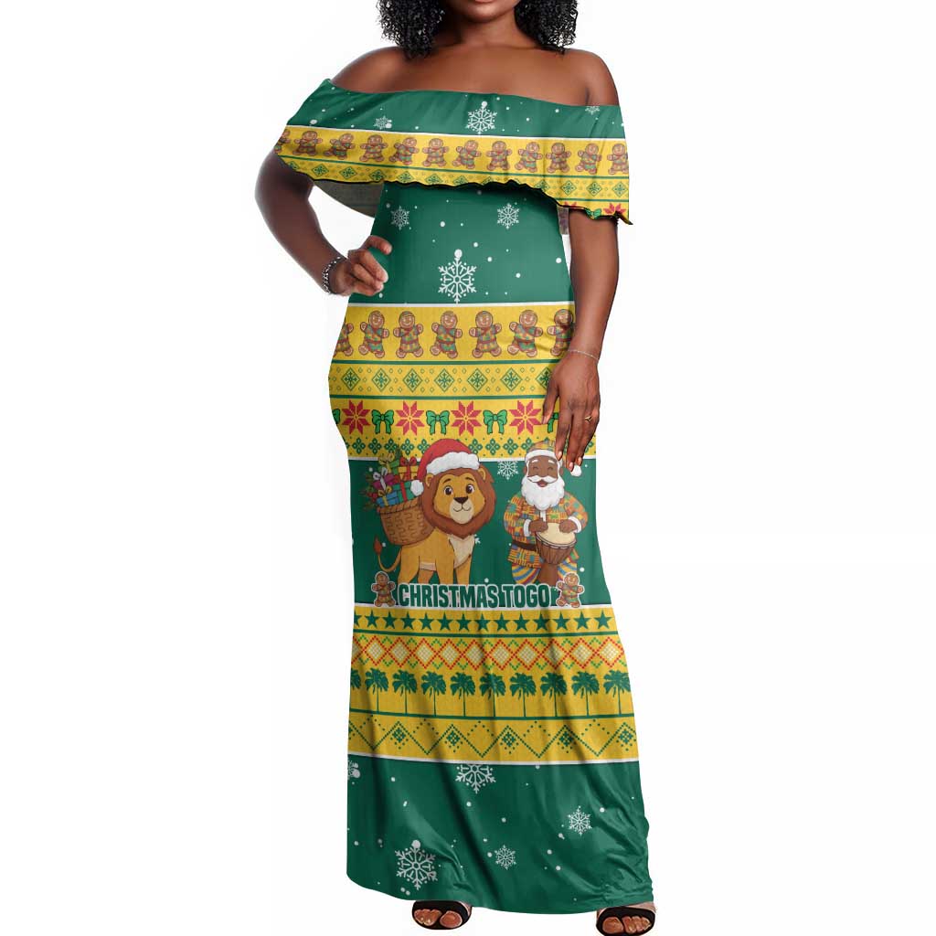 Togo Christmas Off Shoulder Maxi Dress African Santa Lion Drummer Gingerbread - African Pride