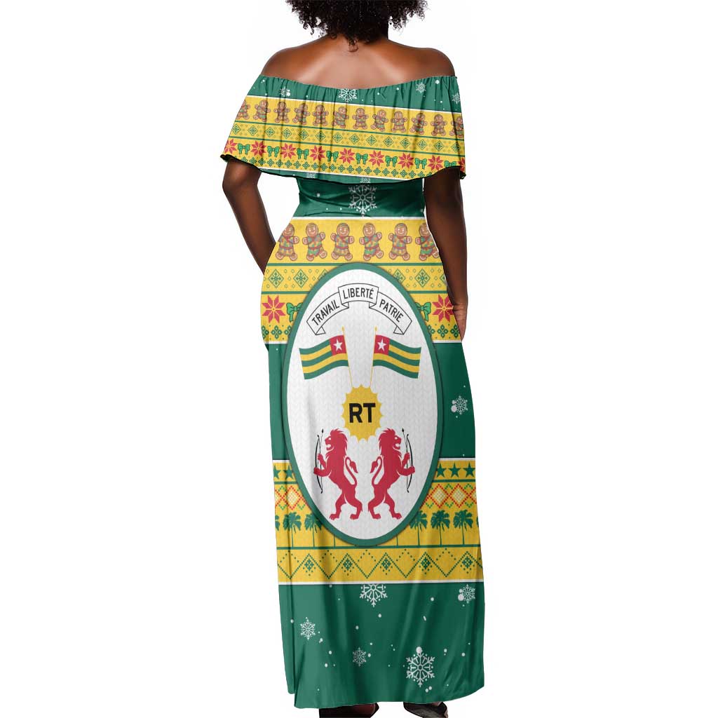 Togo Christmas Off Shoulder Maxi Dress African Santa Lion Drummer Gingerbread - African Pride