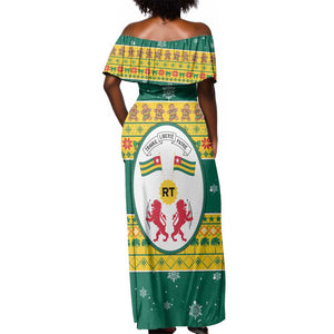 Togo Christmas Off Shoulder Maxi Dress African Santa Lion Drummer Gingerbread - African Pride