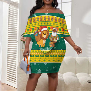 Togo Christmas Off Shoulder Short Dress African Santa Lion Drummer Gingerbread - African Pride