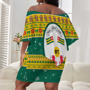 Togo Christmas Off Shoulder Short Dress African Santa Lion Drummer Gingerbread - African Pride