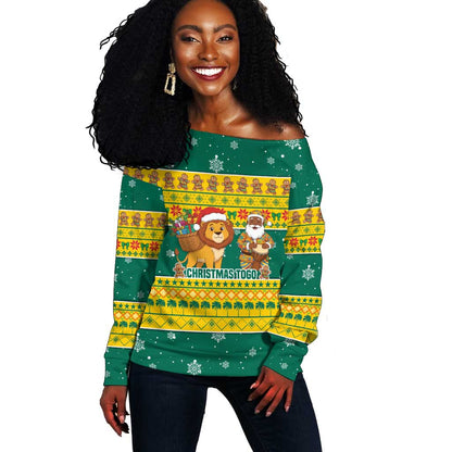 Togo Christmas Off Shoulder Sweater African Santa Lion Drummer Gingerbread - African Pride
