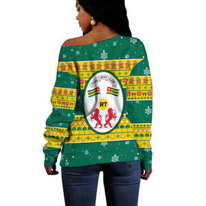 Togo Christmas Off Shoulder Sweater African Santa Lion Drummer Gingerbread - African Pride