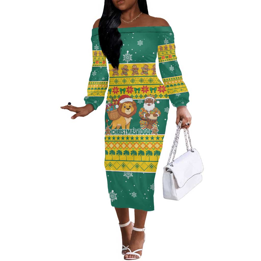Togo Christmas Off The Shoulder Long Sleeve Dress African Santa Lion Drummer Gingerbread - African Pride