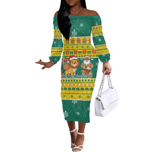 Togo Christmas Off The Shoulder Long Sleeve Dress African Santa Lion Drummer Gingerbread - African Pride