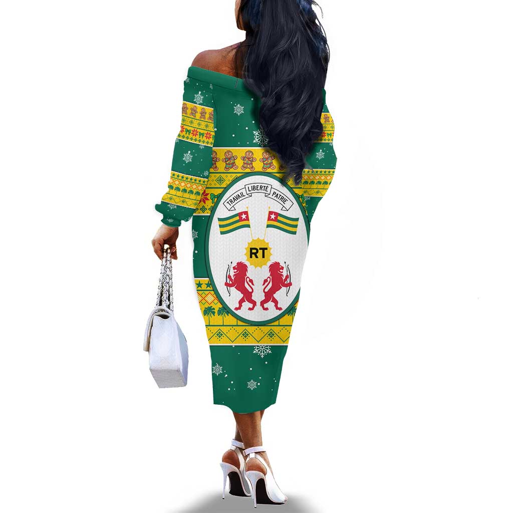 Togo Christmas Off The Shoulder Long Sleeve Dress African Santa Lion Drummer Gingerbread - African Pride