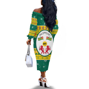 Togo Christmas Off The Shoulder Long Sleeve Dress African Santa Lion Drummer Gingerbread - African Pride
