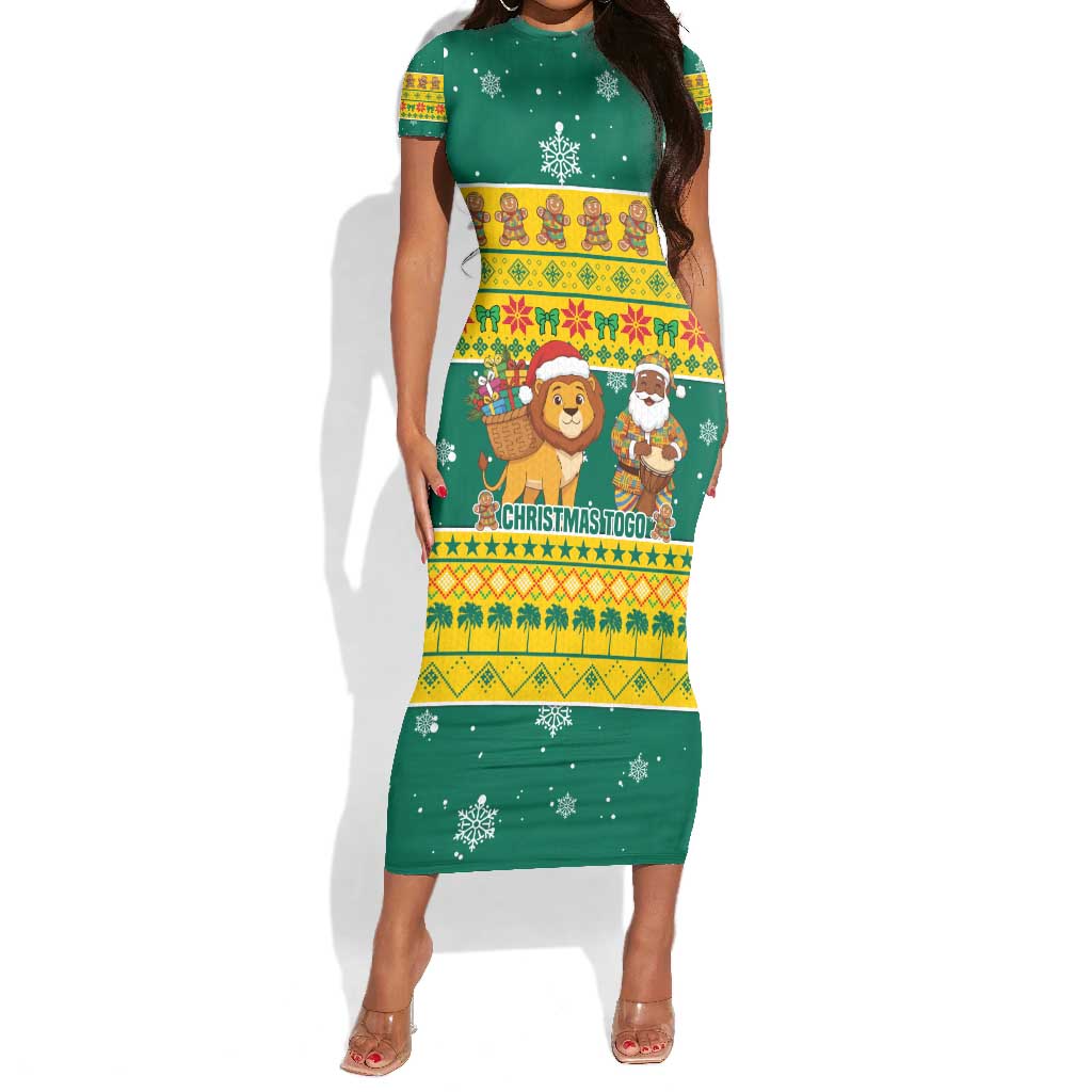 Togo Christmas Short Sleeve Bodycon Dress African Santa Lion Drummer Gingerbread - African Pride