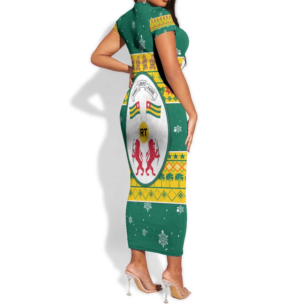 Togo Christmas Short Sleeve Bodycon Dress African Santa Lion Drummer Gingerbread - African Pride