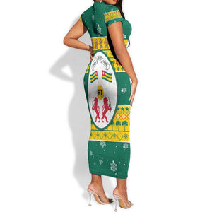 Togo Christmas Short Sleeve Bodycon Dress African Santa Lion Drummer Gingerbread - African Pride