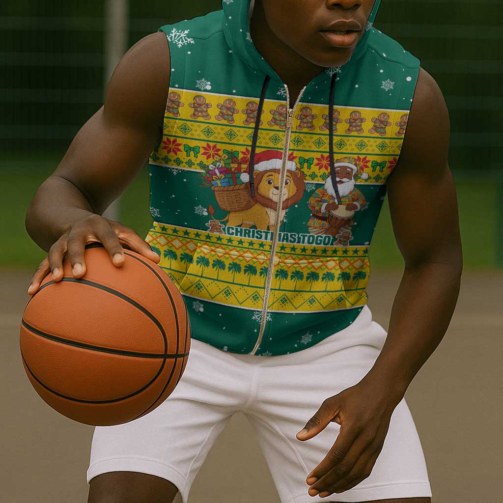 Togo Christmas Sleeveless Zip Hoodie African Santa Lion Drummer Gingerbread - African Pride