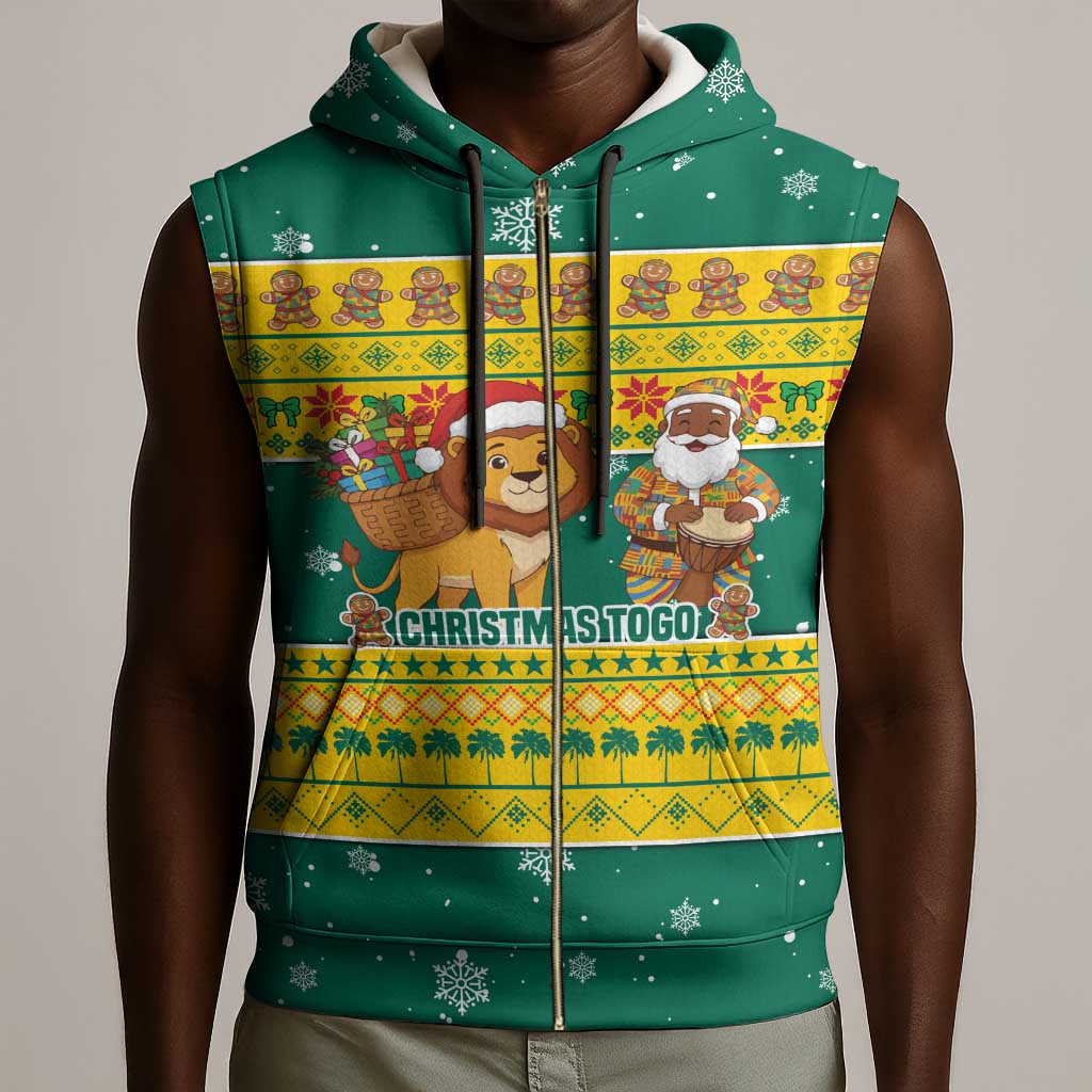 Togo Christmas Sleeveless Zip Hoodie African Santa Lion Drummer Gingerbread - African Pride