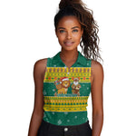 Togo Christmas Women Sleeveless Polo Shirt African Santa Lion Drummer Gingerbread - African Pride