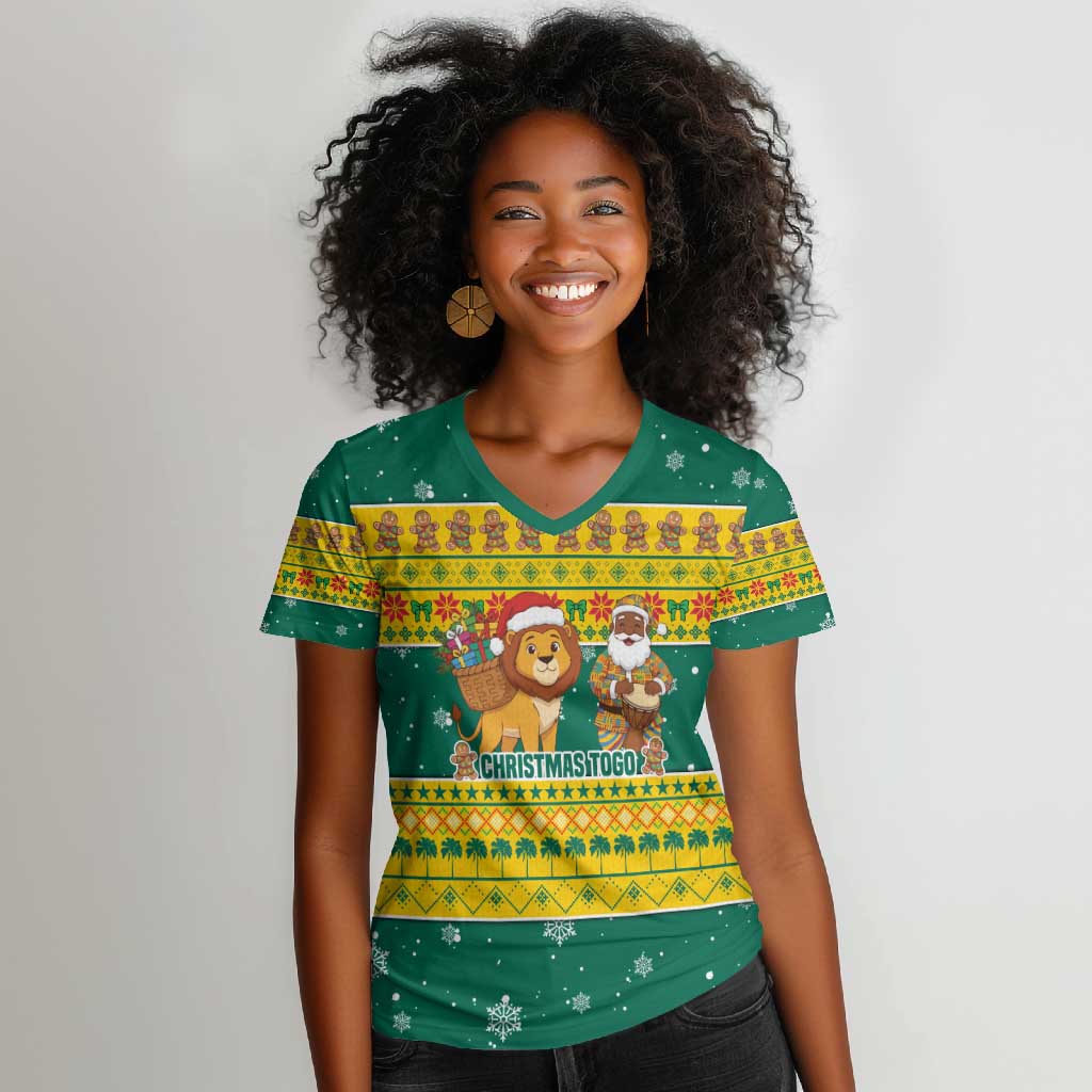Togo Christmas Women V-Neck T-Shirt African Santa Lion Drummer Gingerbread - African Pride