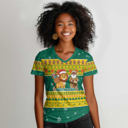 Togo Christmas Women V-Neck T-Shirt African Santa Lion Drummer Gingerbread - African Pride