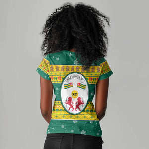Togo Christmas Women V-Neck T-Shirt African Santa Lion Drummer Gingerbread - African Pride