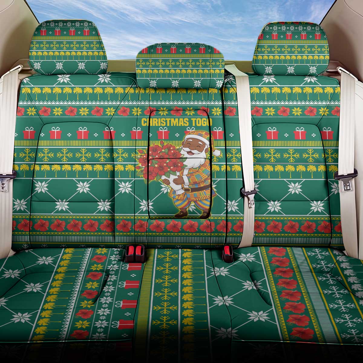 Togo Christmas Back Car Seat Cover African Santa Poinsettia Flower Tree Gifts - African Pride