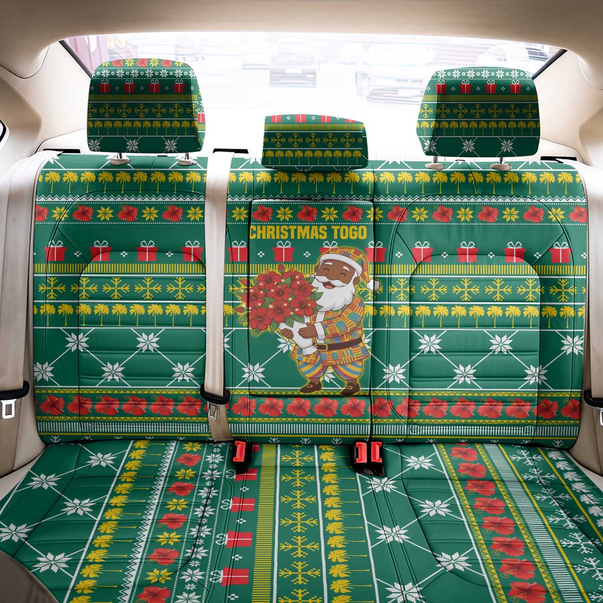 Togo Christmas Back Car Seat Cover African Santa Poinsettia Flower Tree Gifts - African Pride
