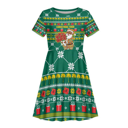Togo Christmas Kid Short Sleeve Dress African Santa Poinsettia Flower Tree Gifts - African Pride