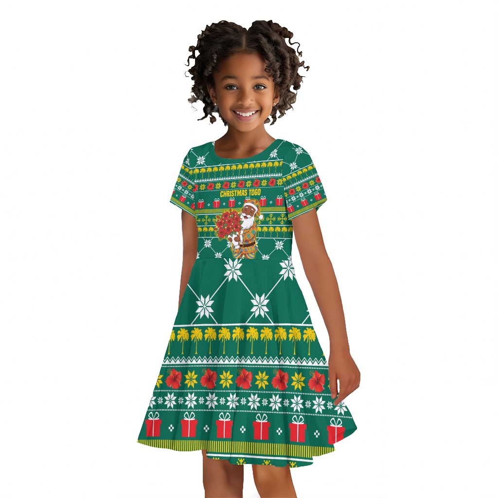 Togo Christmas Kid Short Sleeve Dress African Santa Poinsettia Flower Tree Gifts - African Pride