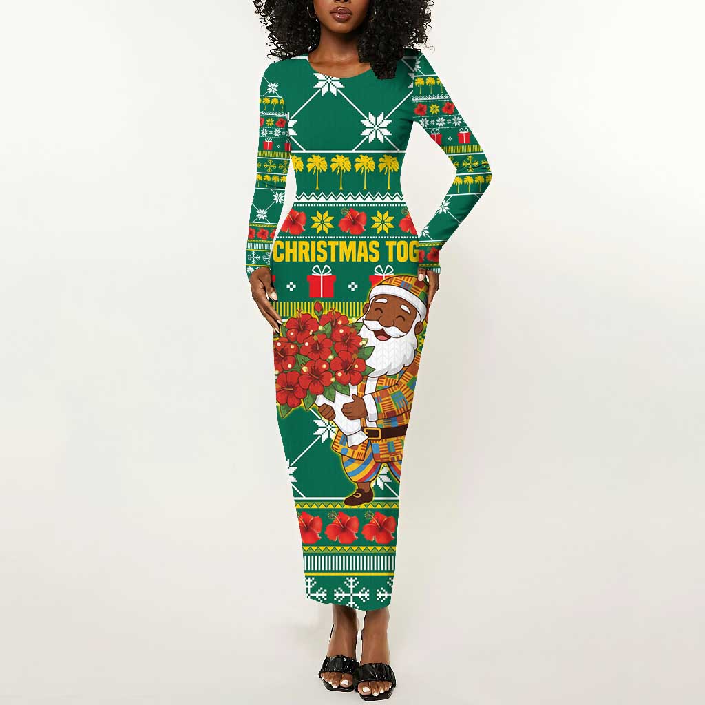 Togo Christmas Long Sleeve Bodycon Dress African Santa Poinsettia Flower Tree Gifts - African Pride
