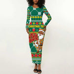 Togo Christmas Long Sleeve Bodycon Dress African Santa Poinsettia Flower Tree Gifts - African Pride
