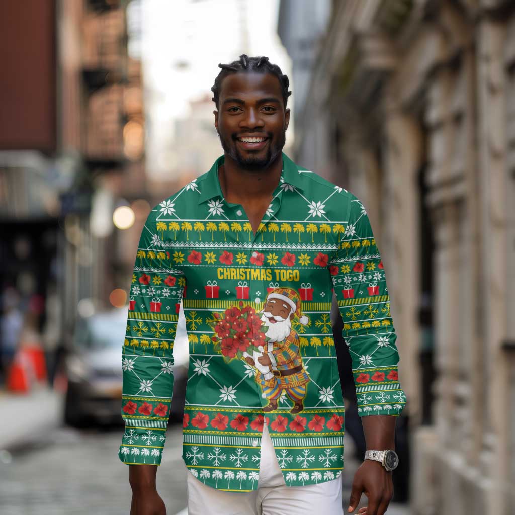 Togo Christmas Long Sleeve Button Shirt African Santa Poinsettia Flower Tree Gifts - African Pride