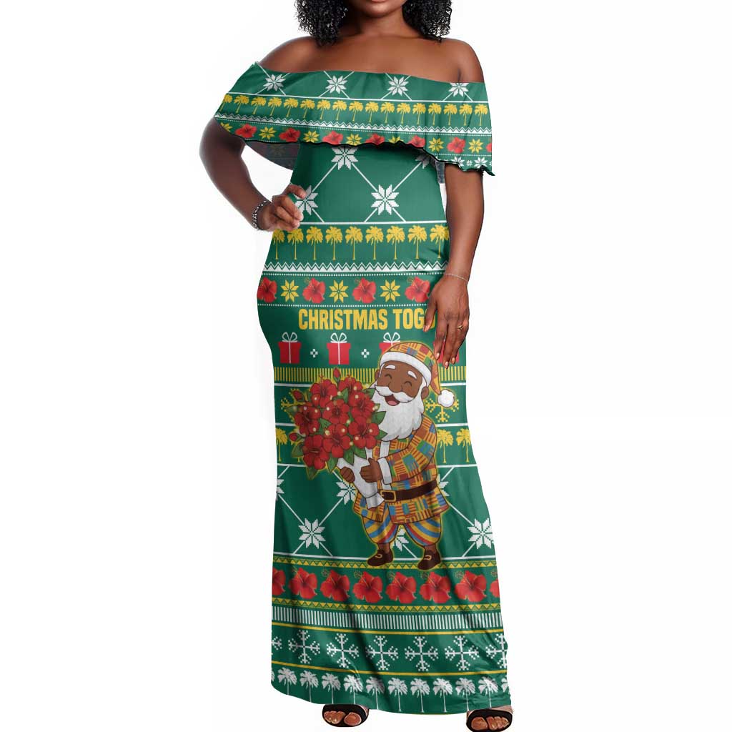 Togo Christmas Off Shoulder Maxi Dress African Santa Poinsettia Flower Tree Gifts - African Pride