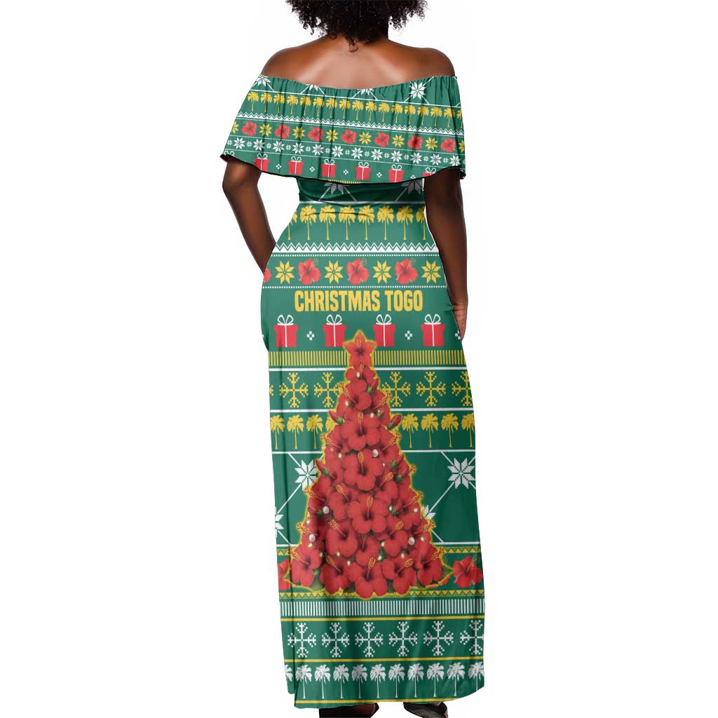 Togo Christmas Off Shoulder Maxi Dress African Santa Poinsettia Flower Tree Gifts - African Pride