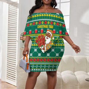 Togo Christmas Off Shoulder Short Dress African Santa Poinsettia Flower Tree Gifts - African Pride