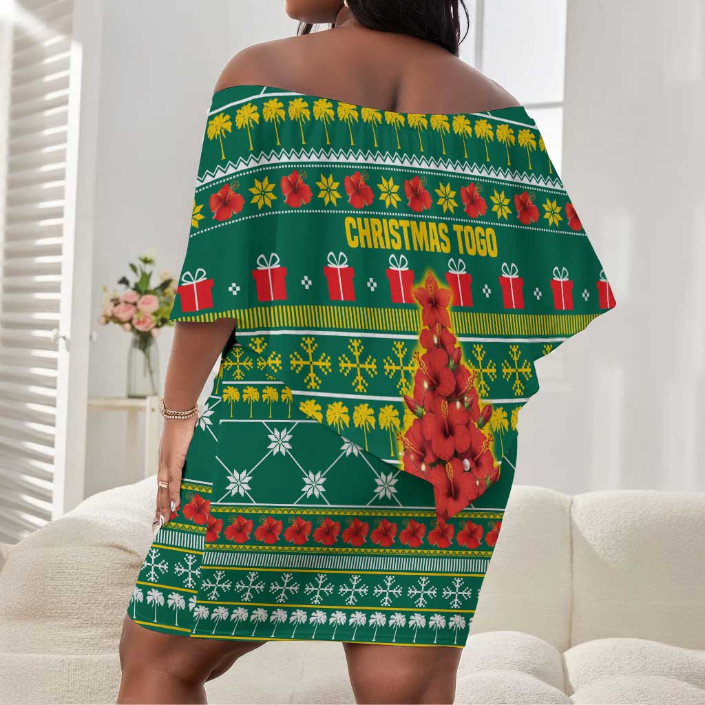 Togo Christmas Off Shoulder Short Dress African Santa Poinsettia Flower Tree Gifts - African Pride