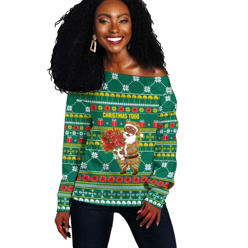 Togo Christmas Off Shoulder Sweater African Santa Poinsettia Flower Tree Gifts - African Pride