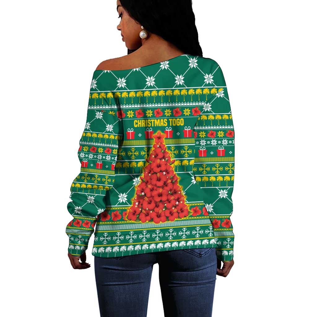 Togo Christmas Off Shoulder Sweater African Santa Poinsettia Flower Tree Gifts - African Pride
