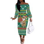 Togo Christmas Off The Shoulder Long Sleeve Dress African Santa Poinsettia Flower Tree Gifts - African Pride