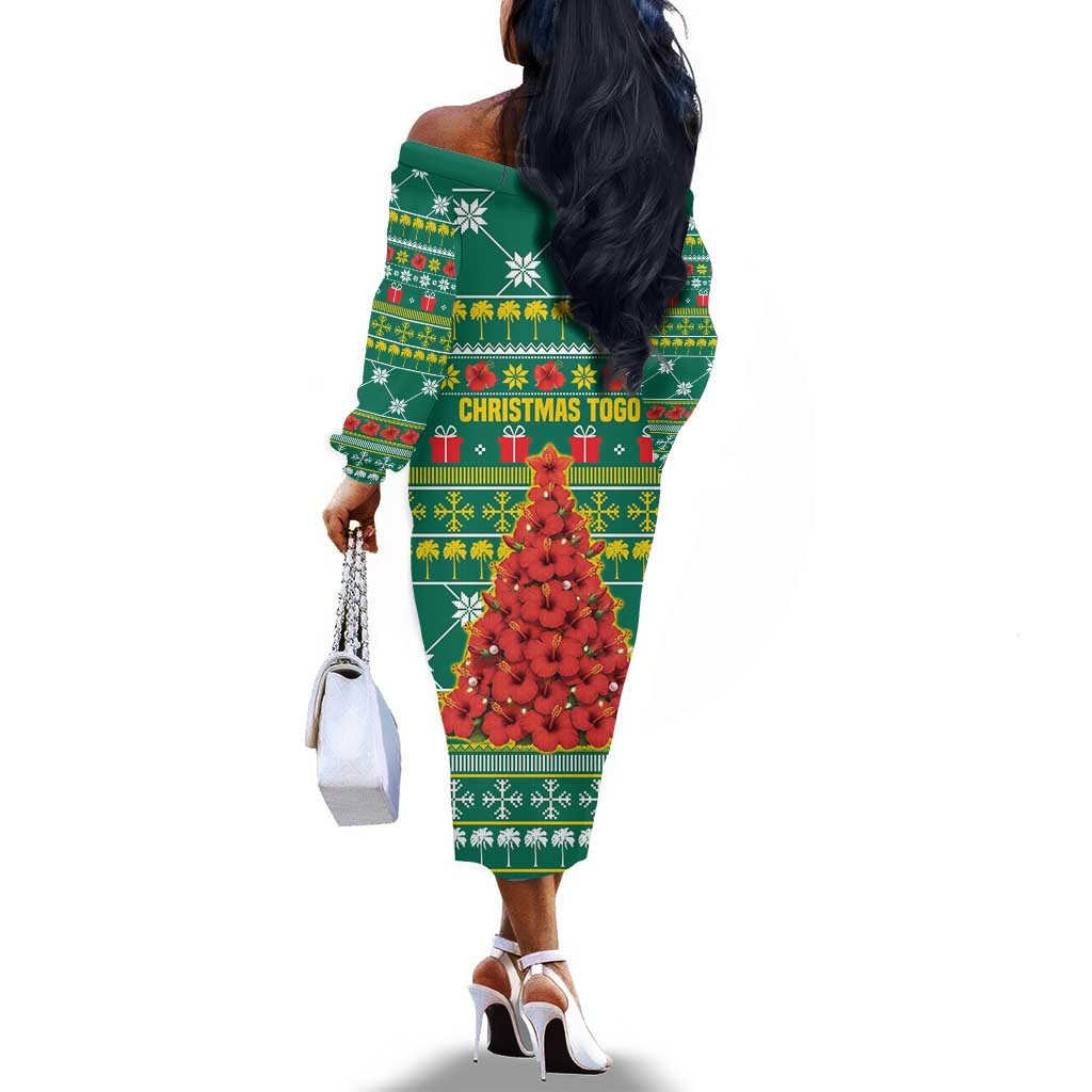 Togo Christmas Off The Shoulder Long Sleeve Dress African Santa Poinsettia Flower Tree Gifts - African Pride