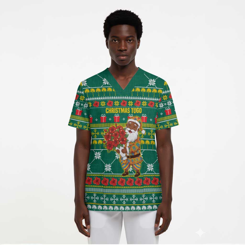 Togo Christmas Scrub Top African Santa Poinsettia Flower Tree Gifts - African Pride