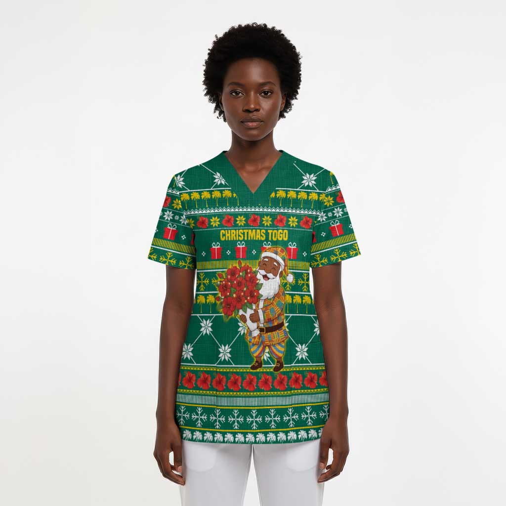 Togo Christmas Scrub Top African Santa Poinsettia Flower Tree Gifts - African Pride