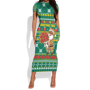 Togo Christmas Short Sleeve Bodycon Dress African Santa Poinsettia Flower Tree Gifts - African Pride