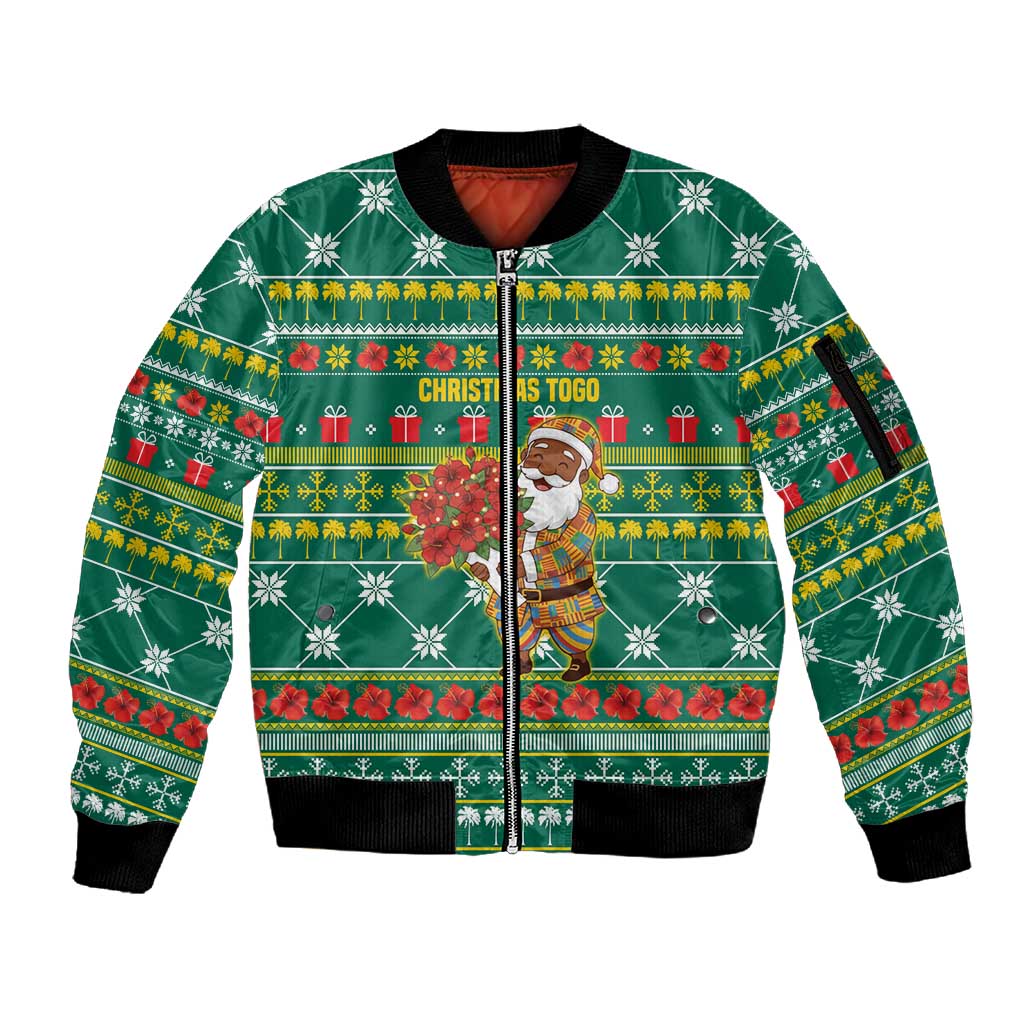Togo Christmas Sleeve Zip Bomber Jacket African Santa Poinsettia Flower Tree Gifts - African Pride