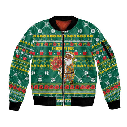 Togo Christmas Sleeve Zip Bomber Jacket African Santa Poinsettia Flower Tree Gifts - African Pride