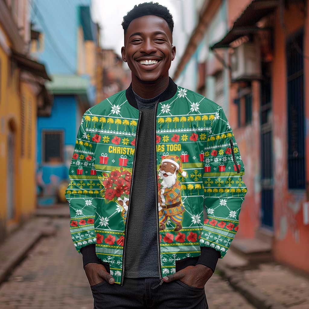 Togo Christmas Sleeve Zip Bomber Jacket African Santa Poinsettia Flower Tree Gifts - African Pride