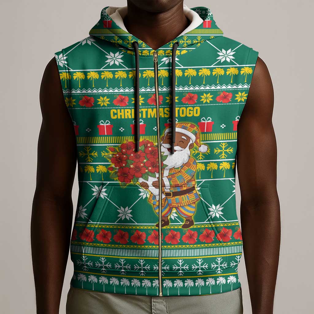Togo Christmas Sleeveless Zip Hoodie African Santa Poinsettia Flower Tree Gifts - African Pride