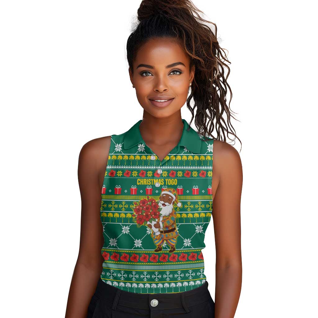 Togo Christmas Women Sleeveless Polo Shirt African Santa Poinsettia Flower Tree Gifts - African Pride