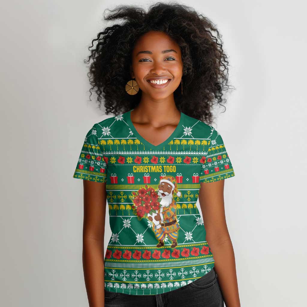 Togo Christmas Women V-Neck T-Shirt African Santa Poinsettia Flower Tree Gifts - African Pride