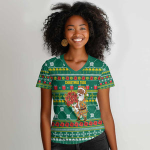 Togo Christmas Women V-Neck T-Shirt African Santa Poinsettia Flower Tree Gifts - African Pride