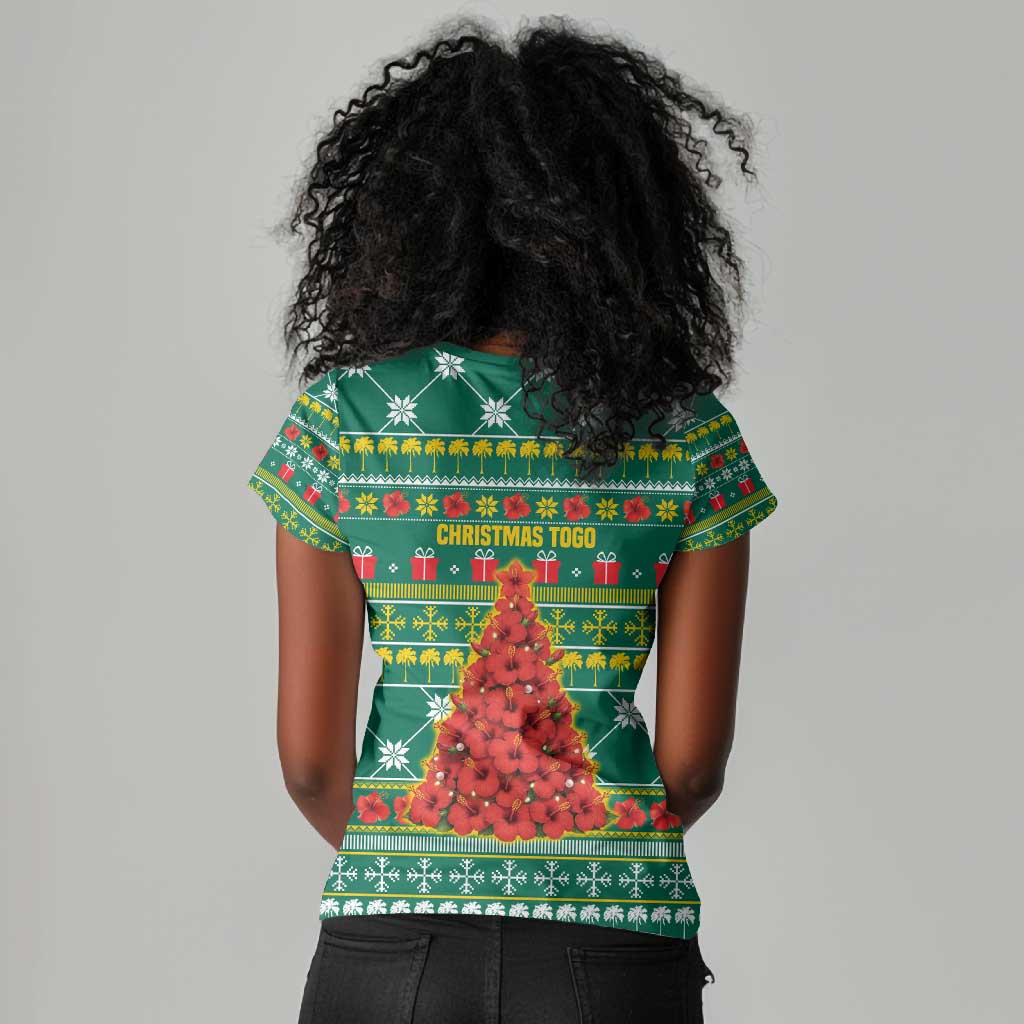 Togo Christmas Women V-Neck T-Shirt African Santa Poinsettia Flower Tree Gifts - African Pride