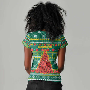 Togo Christmas Women V-Neck T-Shirt African Santa Poinsettia Flower Tree Gifts - African Pride