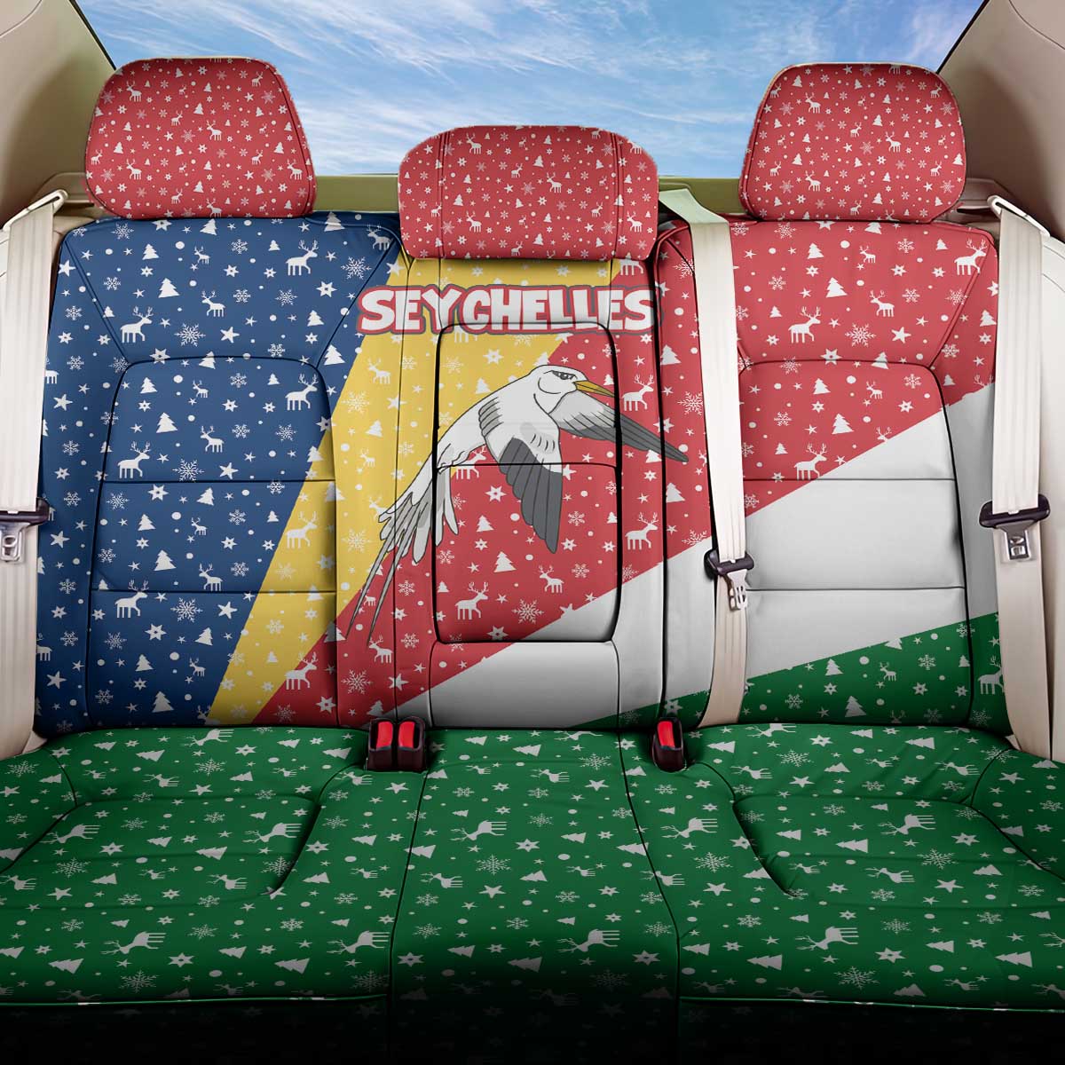 Seychelles Christmas Back Car Seat Cover Flag Colors Tropical Bird Motif and National Coat of Arms - African Pride