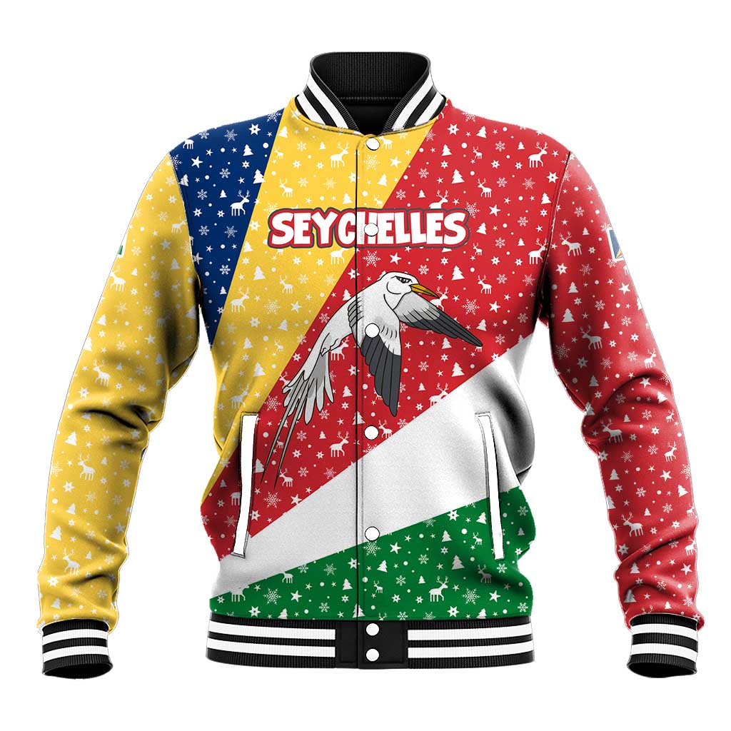 Seychelles Christmas Baseball Jacket Flag Colors Tropical Bird Motif and National Coat of Arms - African Pride